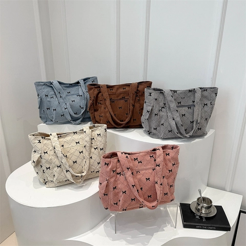 Borsa Tote In Velluto A Coste Grande Capacità Borsa A Spalla Trapuntata Con Motivo Fiocco Stile Retro Casual Donna
