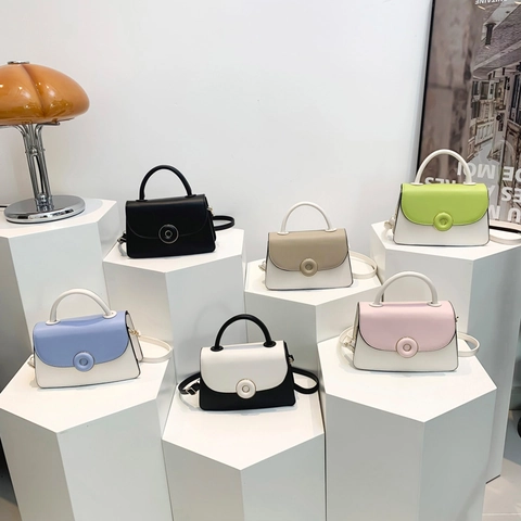 Bolso De Hombro De Cuero PU De Color En Contraste Bolso Pequeño Cuadrado Cruzado De Mano Con Hebilla Redonda