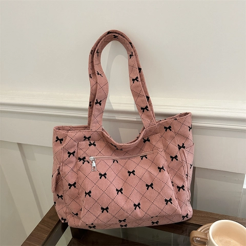 Borsa Tote In Velluto A Coste Grande Capacità Borsa A Spalla Trapuntata Con Motivo Fiocco Stile Retro Casual Donna