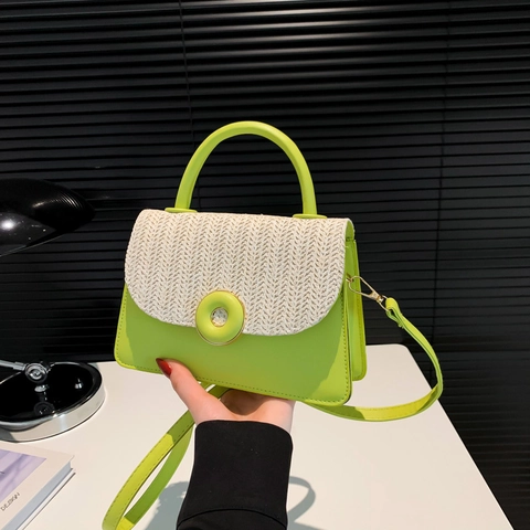 Women Chic Straw Woven PU Leather Crossbody Bag Color Block Small Square Shoulder Handbag With Round Buckle For Summer Vacation
