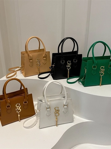 Women Fashion PU Leather Small Square Handbag With S Metal Logo And Tassel Detail Versatile Solid Color Crossbody Bag