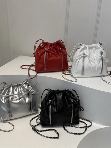 Mode PU Leder Kordelzug Eimer Tasche Für Frauen Mit Kette Riemen Schleife Dekor Vielseitig Leichte Umhängetasche