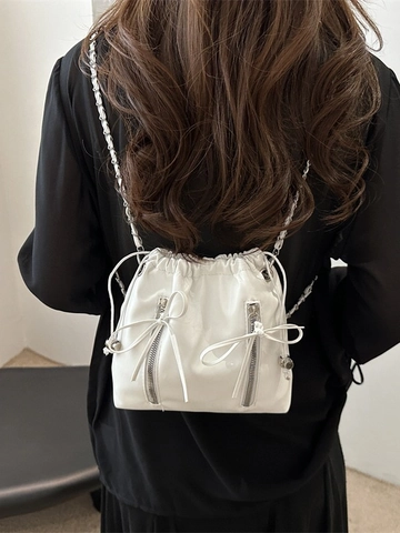 Mode PU Leder Kordelzug Eimer Tasche Für Frauen Mit Kette Riemen Schleife Dekor Vielseitig Leichte Umhängetasche