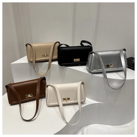 Minimalist PU Leather Shoulder Bag With Gold Twist Lock Elegant Underarm Baguette Bag For Women Versatile Square Bag