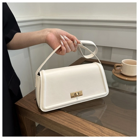 Minimalist PU Leather Shoulder Bag With Gold Twist Lock Elegant Underarm Baguette Bag For Women Versatile Square Bag