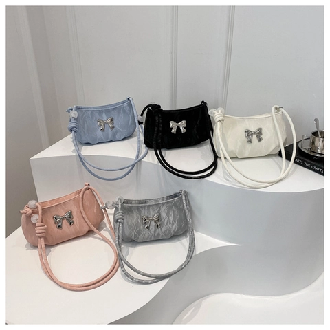 Women Pleated PU Leather Shoulder Bag Elegant Bow Underarm Bag With Bead Decoration Sweet Fashionable Solid Color Handbag