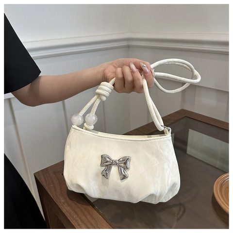 Women Pleated PU Leather Shoulder Bag Elegant Bow Underarm Bag With Bead Decoration Sweet Fashionable Solid Color Handbag