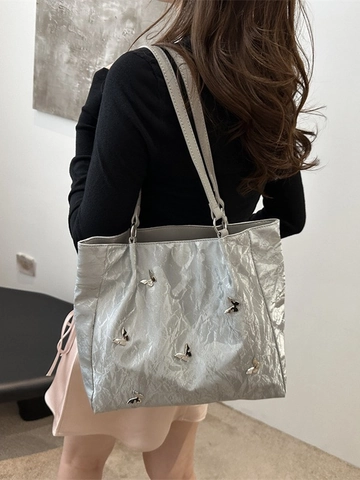 Borsa A Spalla Da Donna In Pelle PU Pieghettata Con Farfalla In Metallo Borsa Tote Capiente