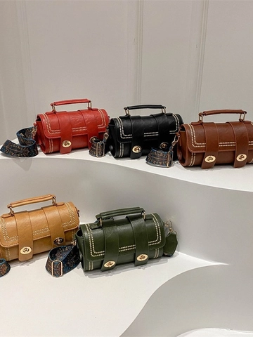 Women Barrel Crossbody Bag Retro PU Leather Cylinder Shoulder Bag Ethnic Print Wide Strap Golden Rivets Rotary Locks