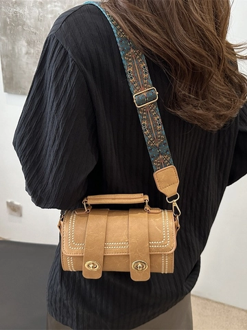 Women Barrel Crossbody Bag Retro PU Leather Cylinder Shoulder Bag Ethnic Print Wide Strap Golden Rivets Rotary Locks