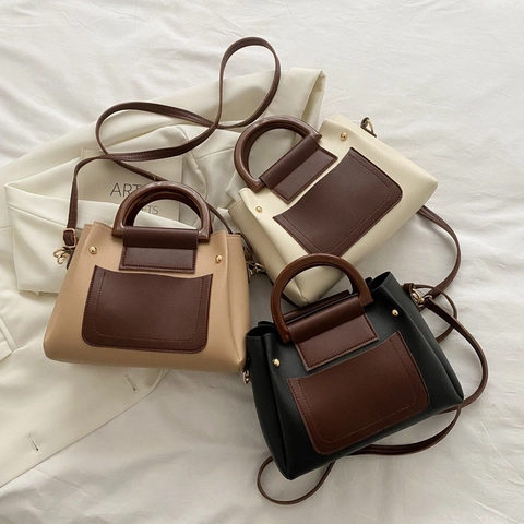 Borsa A Tracolla In Pelle PU Patchwork Con Manico In Legno Borsa A Mano Retro Vintage Per Donna Tracolla Regolabile