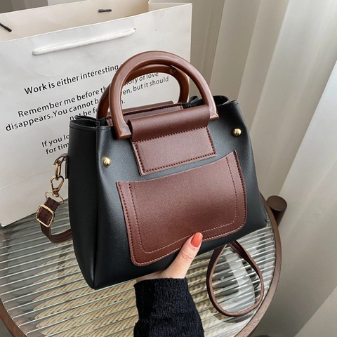 Borsa A Tracolla In Pelle PU Patchwork Con Manico In Legno Borsa A Mano Retro Vintage Per Donna Tracolla Regolabile