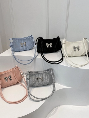 Women Pleated Crossbody Bag Metallic Butterfly Decor PU Leather Knotted Shoulder Strap Armpit Handbag Small Square