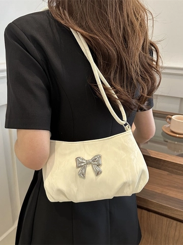Women Pleated Crossbody Bag Metallic Butterfly Decor PU Leather Knotted Shoulder Strap Armpit Handbag Small Square