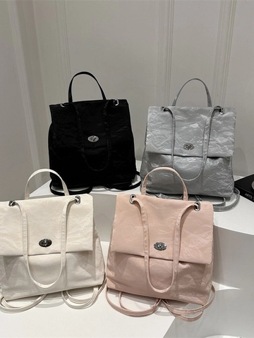 Geknittertes PU Leder Damen Rucksack Große Kapazität Multifunktionale Schultertasche Metall Drehverschluss Pendeln Mode