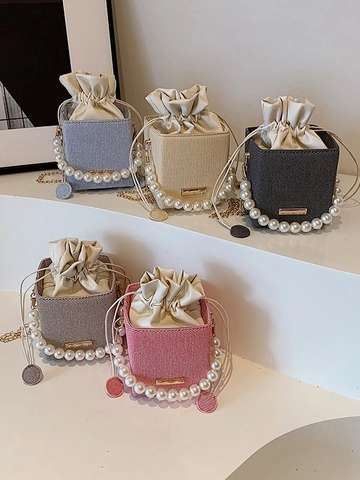 Mini Borsa Tracolla Intrecciata Manico Künstliche Perle Catena Metallo Chiusura Coulisse Borsa Secchiello Per Donne