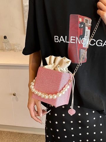 Mini Borsa Tracolla Intrecciata Manico Künstliche Perle Catena Metallo Chiusura Coulisse Borsa Secchiello Per Donne