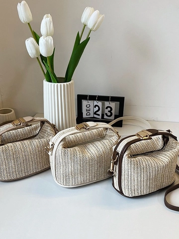 Straw Woven Crossbody Bag PU Leather Trim Small Square Top Handle Shoulder Handbag Summer Beach Boho Style For Women