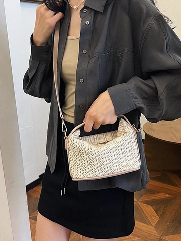 Straw Woven Crossbody Bag PU Leather Trim Small Square Top Handle Shoulder Handbag Summer Beach Boho Style For Women