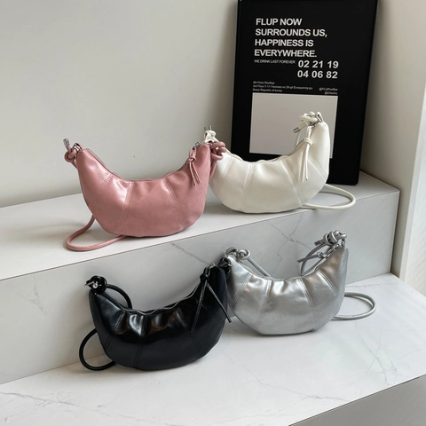 Sac Croissant Style Français Femmes Cuir PU Sac Hobo Lune Bandoulière À Nœud Sac À Main Minimaliste