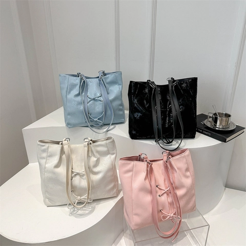 Women Fashion PU Leather Tote Bag Large Capacity Lace-up Bowknot Decor Shoulder Bag Commuter Casual Solid Color