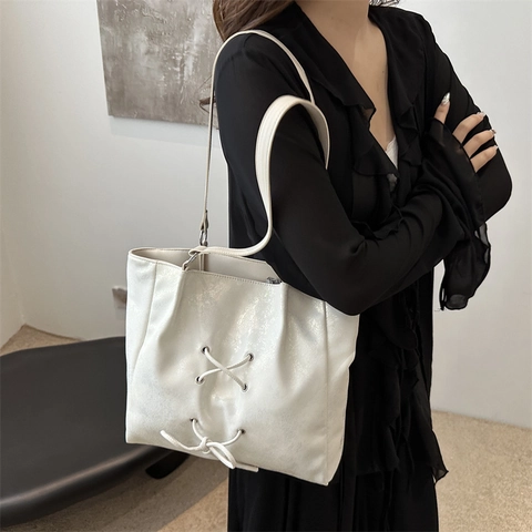Women Fashion PU Leather Tote Bag Large Capacity Lace-up Bowknot Decor Shoulder Bag Commuter Casual Solid Color