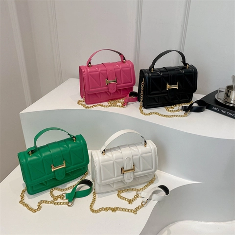 Women Quilted PU Leather Crossbody Bag Fashion Geometry Texture Handbag With Gold Chain Strap And Metal Buckle Lock