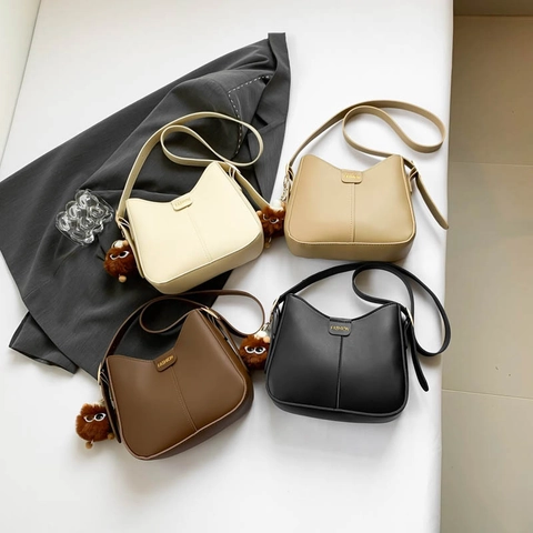 Women PU Leather Crossbody Shoulder Bag Half Moon Hobo Shape Metal Decor With Plush Pendant Adjustable Strap Retro