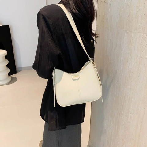 Women PU Leather Crossbody Shoulder Bag Half Moon Hobo Shape Metal Decor With Plush Pendant Adjustable Strap Retro
