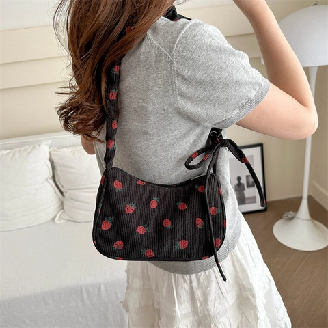 Borsa Da Sottobraccio In Velluto A Coste Con Stampa Fragola Tracolla Arricciata Fiocco Dolce Borsa Baguette Per Donne