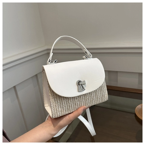Women Fashion Straw Patchwork Crossbody Bag Vintage PU Leather Shoulder Bag With Metal Keyhole Lock Small Square Handbag Vacation Casual
