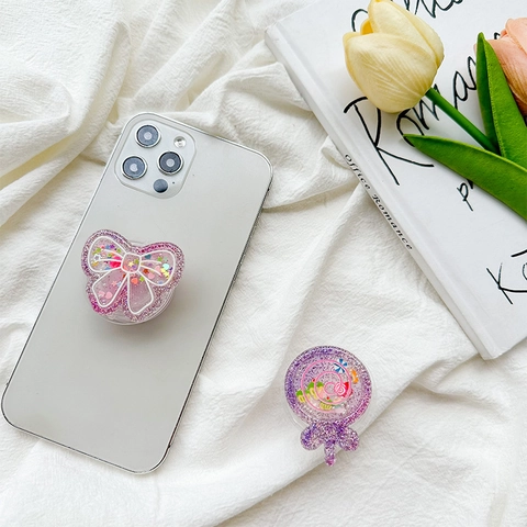 Einklappbarer Handy-Griff Griptok Ständer Lollipop Schmetterlingsform Lila Glitzer Glänzendes Harz Zubehör Für Smartphone