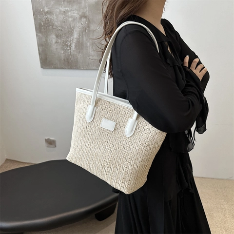 Große Kapazität Stroh Gewebte Tragetasche Damen Sommer Strand Schultertasche PU Lederbesatz Lässige Urlaub Handtasche