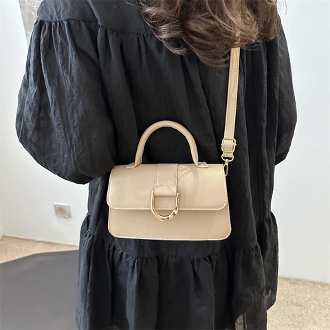 Women PU Leather Crossbody Bag Small Square Handheld Handbag With Gold Metal D Buckle Chic Commuter Bag