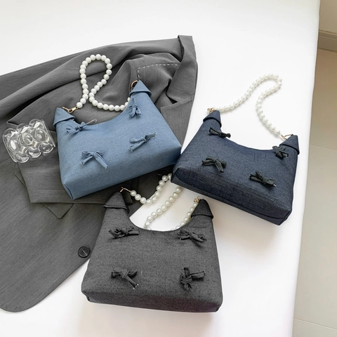 Women Underarm Shoulder Bag Denim Fabric Artificial Pearl Beaded Handle Bow Decoration Fashion Y2K Sweet Style
