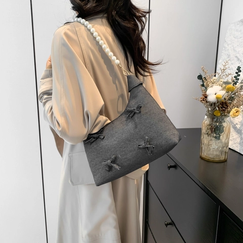 Women Underarm Shoulder Bag Denim Fabric Artificial Pearl Beaded Handle Bow Decoration Fashion Y2K Sweet Style