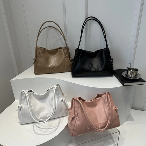 Women Minimalist PU Leather Tote Bag Large Capacity Underarm Shoulder Bag Fashion Solid Color Commuter Handbag