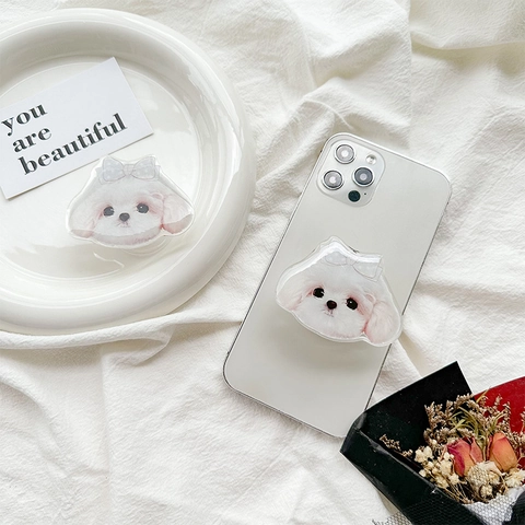 Cute Maltese Dog Head Phone Airbag Bracket Expandable Acrylic Bow-Tie Puppy Desk Stand For Girls