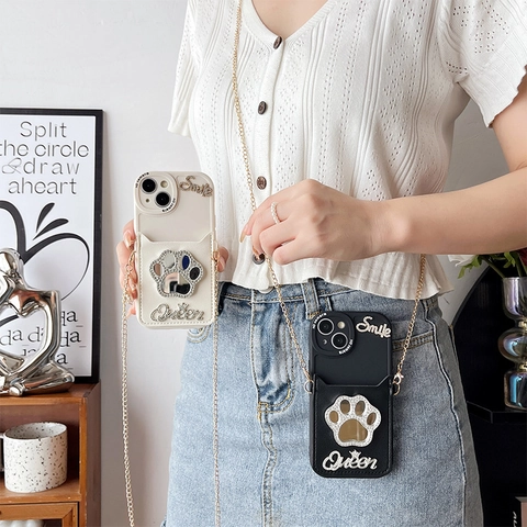 Funda De Teléfono Cartera Espejo Pata De Gato Diamantes De Imitación Con Cadena Bandolera Cuero PU Protección Cámara iPhone