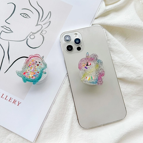 Supporto Per Telefono Unicorno Dinosauro Cartone Animato Espandibile Trasparente Sabbie Mobili Paillettes Carino Kawaii