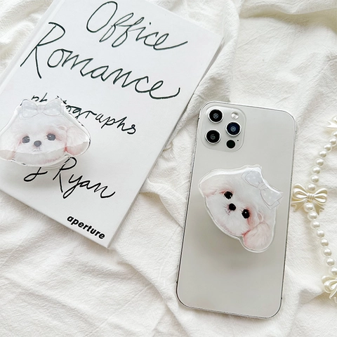 Cute Maltese Dog Head Phone Airbag Bracket Expandable Acrylic Bow-Tie Puppy Desk Stand For Girls