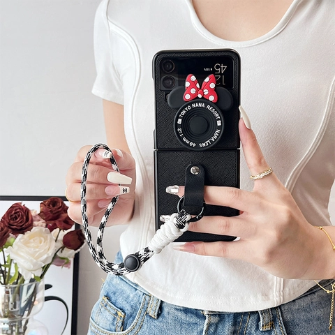Retro Camera Design Folding Phone Case Leather Texture With 3D Lens Bracket And Long Braided Lanyard For Samsung Z Flip Fold