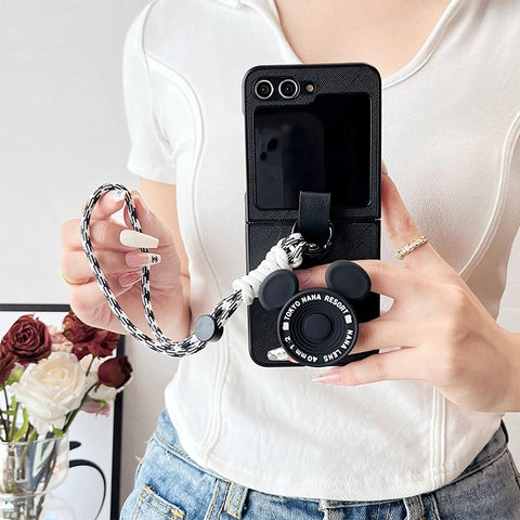Retro Camera Design Folding Phone Case Leather Texture With 3D Lens Bracket And Long Braided Lanyard For Samsung Z Flip Fold