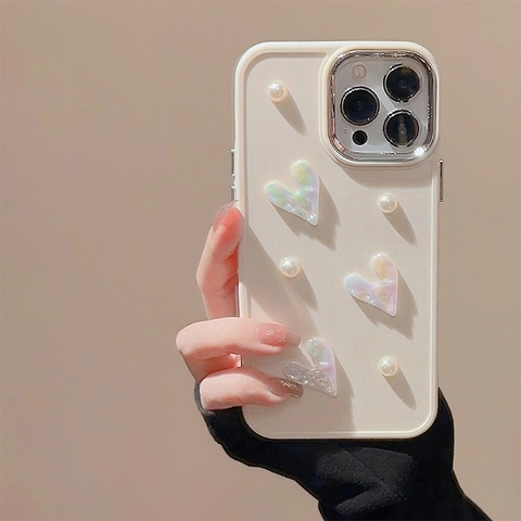 IPhone Case 3D Holographic Heart Artificial Pearl Shockproof Silicone Protective Cover Laser Wrinkled Design Fashion Accessory For Women