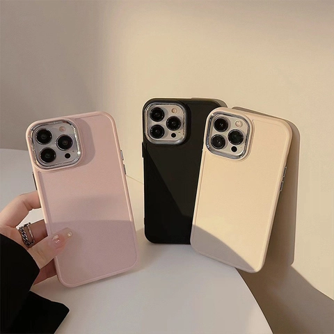 Solid Color Matte Phone Case With Luxury Electroplated Lens Frame Minimalist Full Protection Shockproof Soft Back Cover