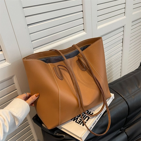 Sac Cabas Minimaliste En Cuir PU Pour Femmes Grande Capacité Sac À Épaule Avec Surpiqûres Contrastées Rétro Décontracté