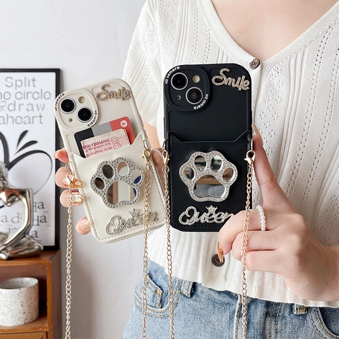Funda De Teléfono Cartera Espejo Pata De Gato Diamantes De Imitación Con Cadena Bandolera Cuero PU Protección Cámara iPhone