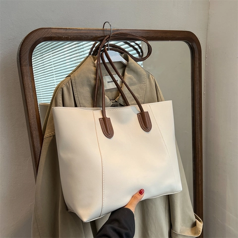 Sac Cabas Minimaliste En Cuir PU Pour Femmes Grande Capacité Sac À Épaule Avec Surpiqûres Contrastées Rétro Décontracté