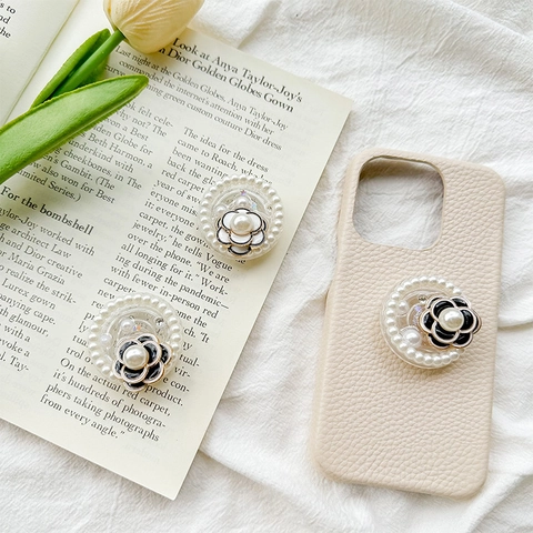 Camellia Flower Phone Airbag Stand With Imitation Artificial Pearl Round Resin Star Sequin Griptok Desktop Folding Holder For Smartphones