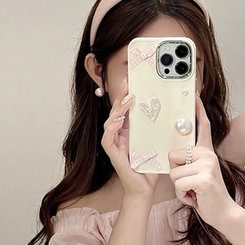 Phone Case Electroplated Frame Plaid Bowknot Imitation Artificial Pearl Relief Heart Sweet Silicone Cover Girlish Style For Women